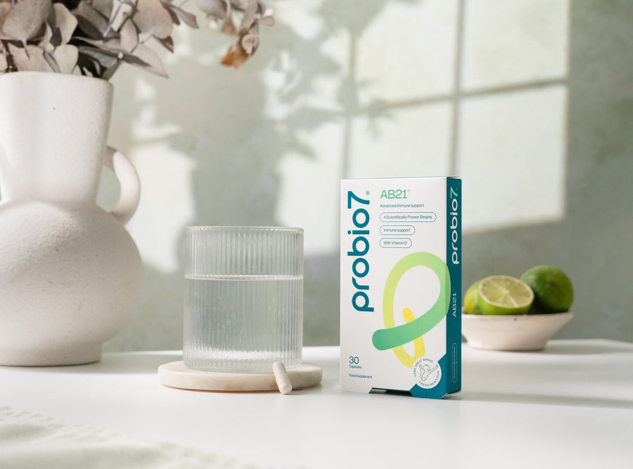 Probio7 AB21 supplement box on a table with decorative items